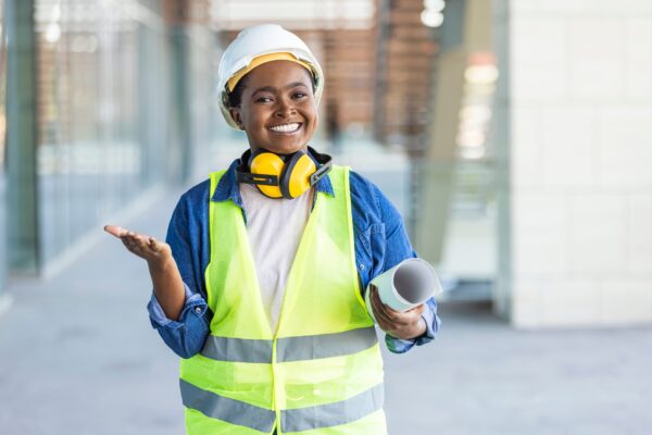 Female,Construction,Engineer.,Architect,With,A,Blueprints,At,A,Construction