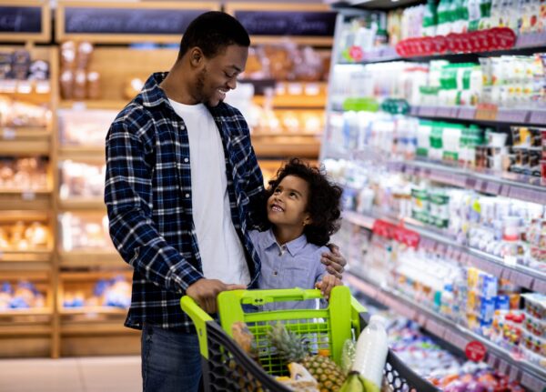 Happy,Black,Dad,And,His,Pretty,Little,Daughter,With,Shopping